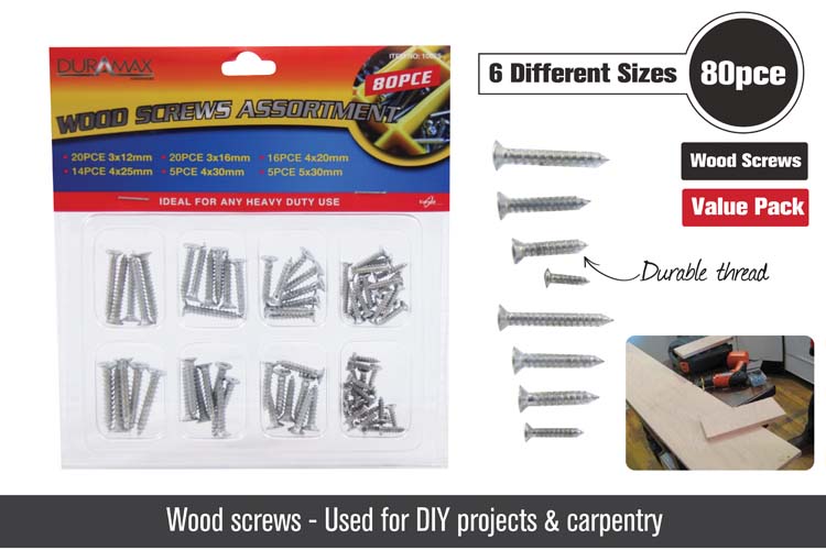 80pce Wood Screws-8 Assorted Sizes 10675