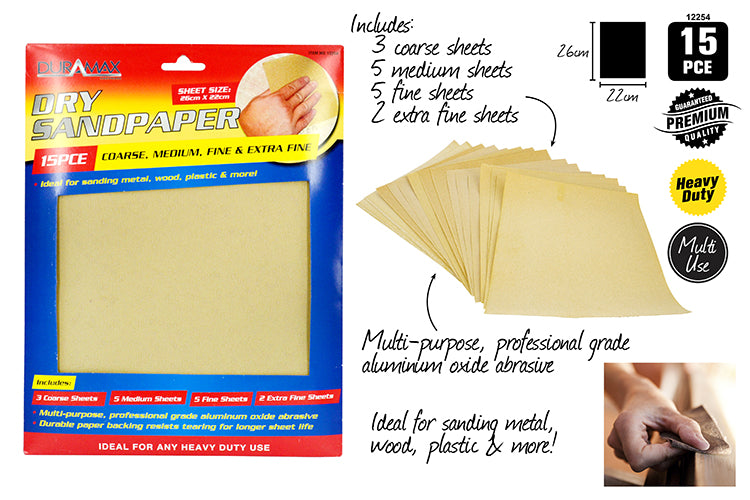 15pce Dry Sandpaper-26cmx22cm-4 Surfaces 12254