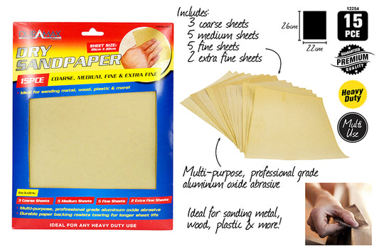 15pce Dry Sandpaper-26cmx22cm-4 Surfaces  12254