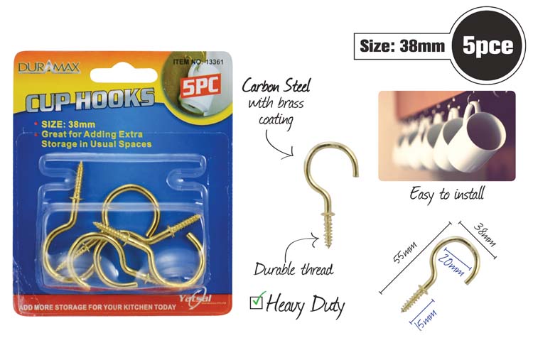 5pce Brass Cup Hooks-38mm 13361
