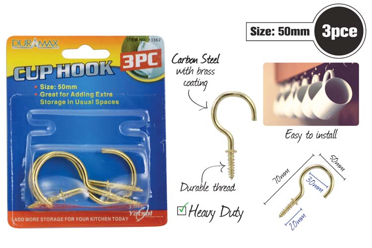 3pce Brass Cup Hooks-50mm 13362