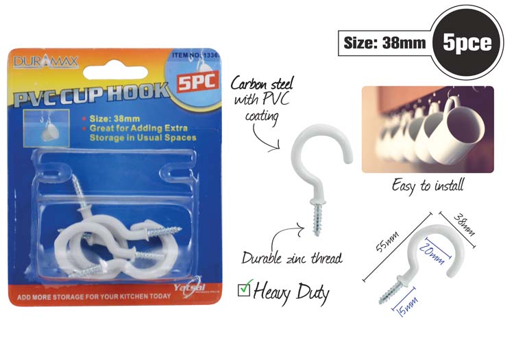 5pce PVC Cup Hooks-38mm-White .13363