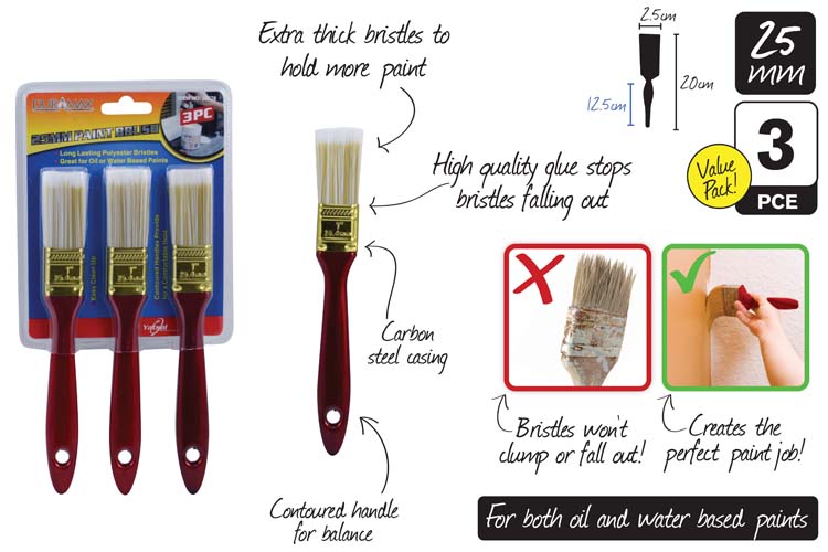 3pce Paint Brush Set-25mmW/20cmH 20678
