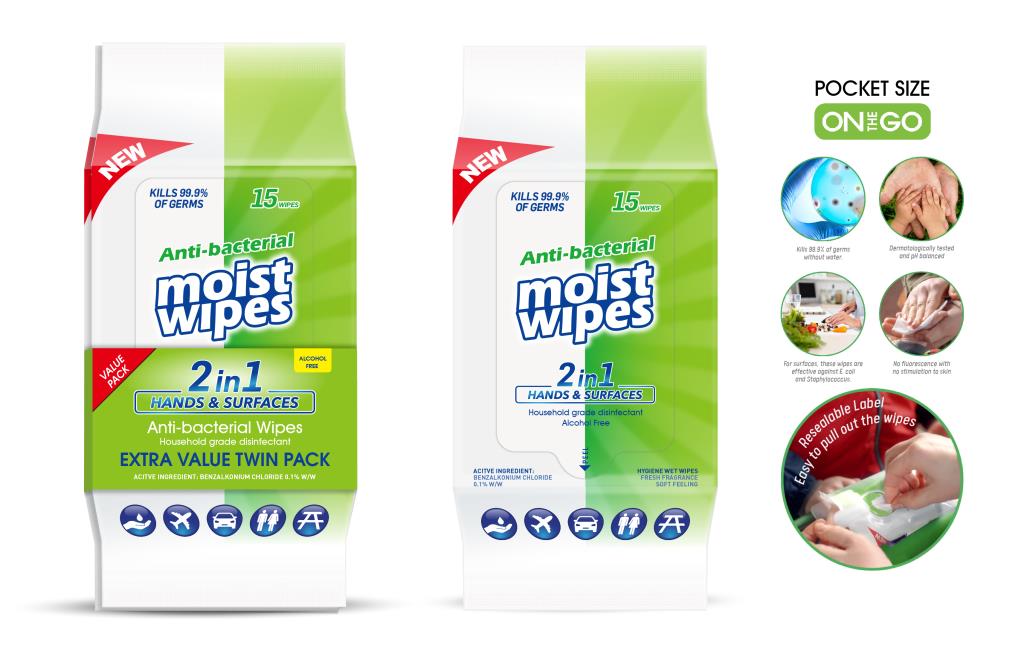 Anti-Bacterial Moist Wipes-15PK DUR5561