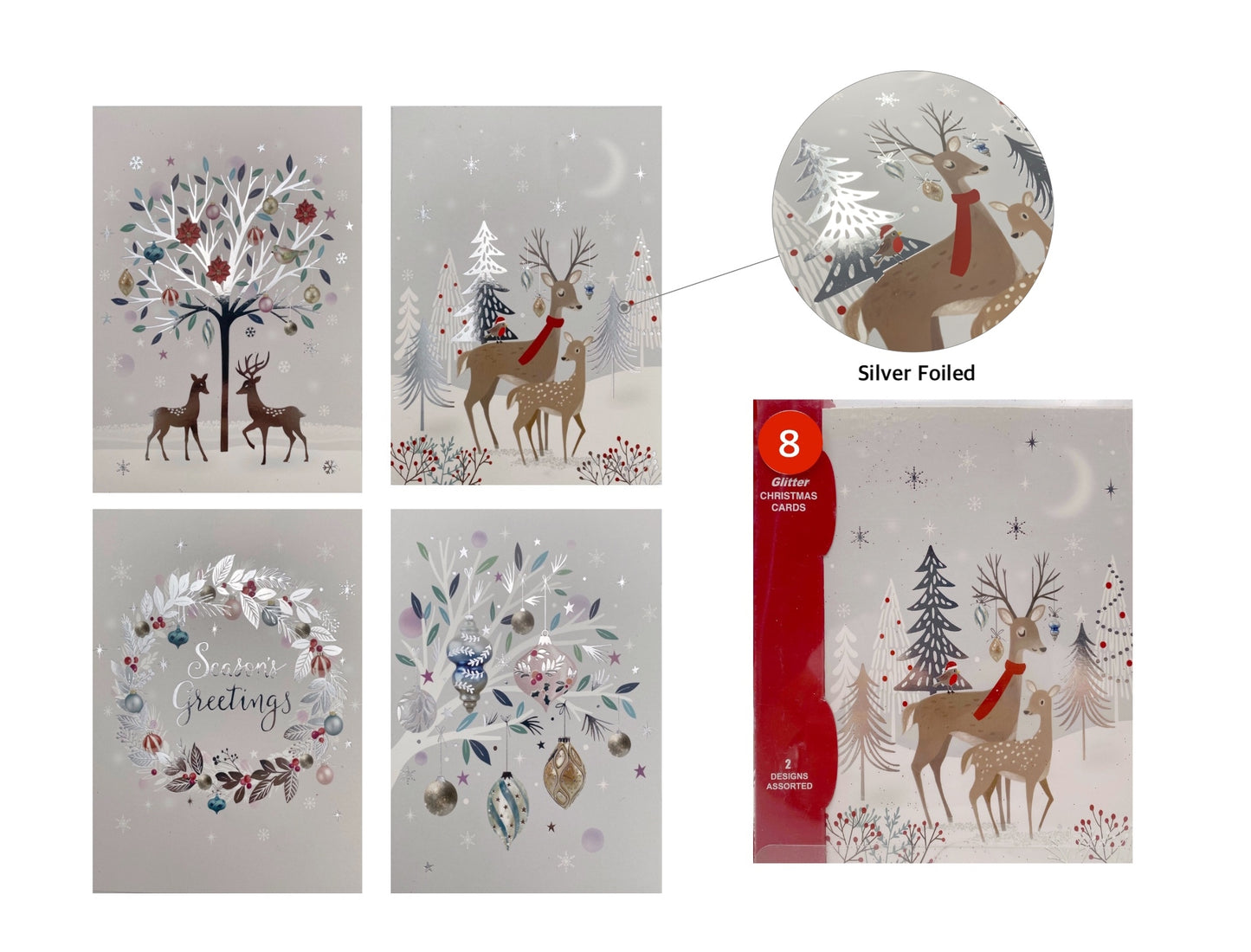 SILVER FOILED XMAS CARDS PK8 4 ASST. XMS31411