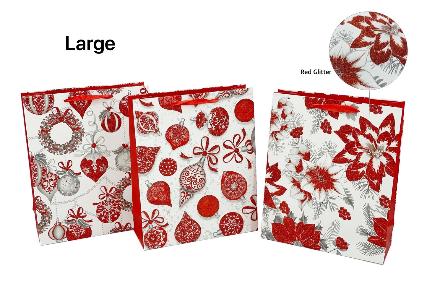 RED GLITTER BAUBLE XMAS BAG LRG 210gsm 26x32x12cm 4 ASST. XMS31436