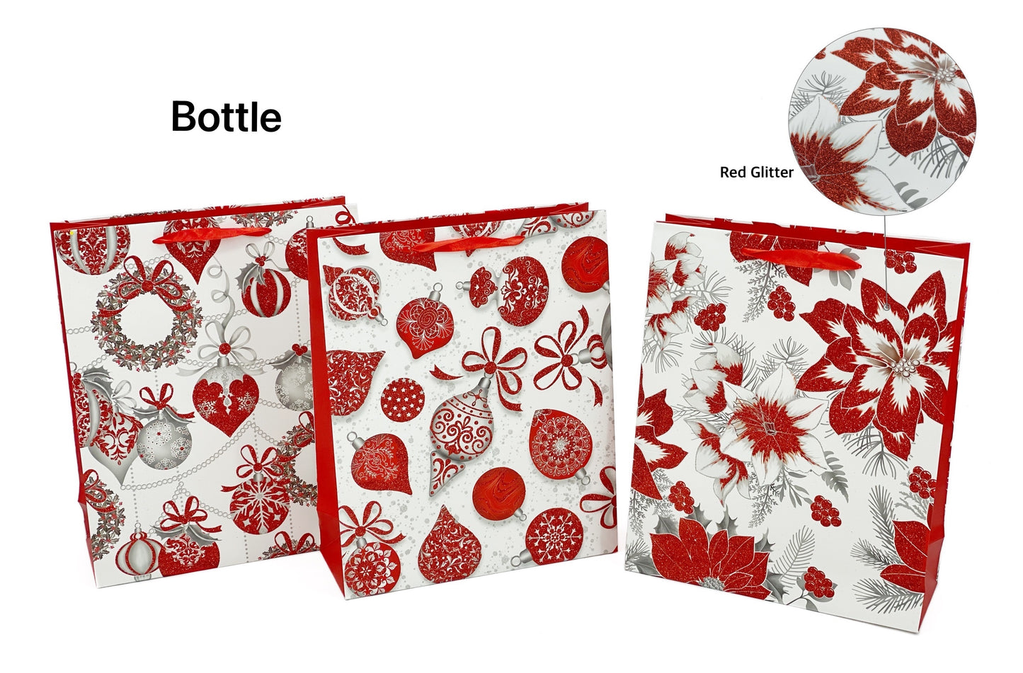 RED GLITTER BAUBLE XMAS BAG BTL 210gsm 12x36x10cm 4 ASST. XMS31438