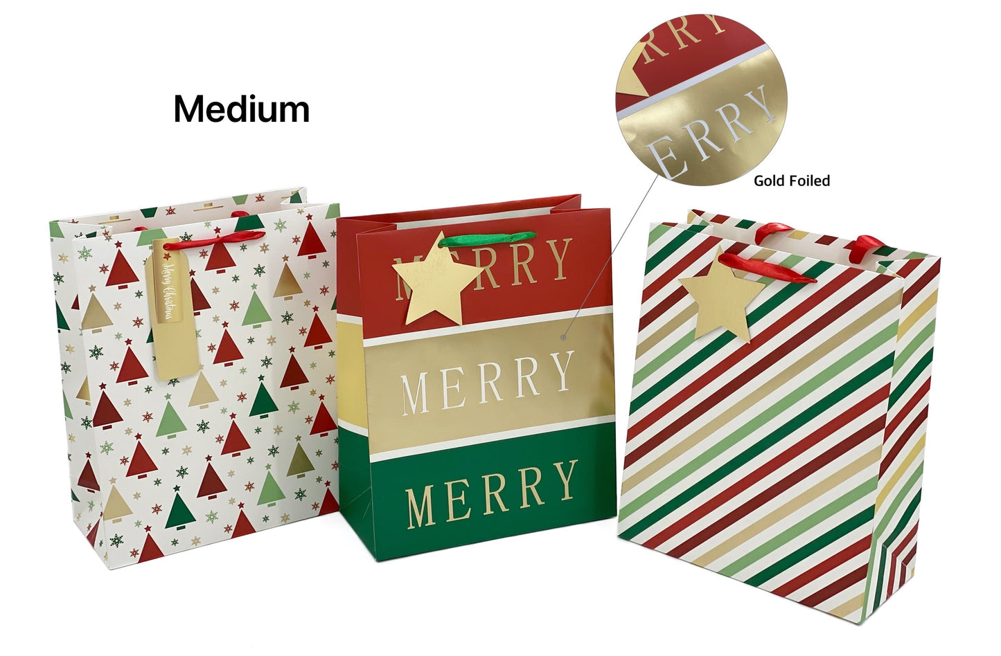 MERRY DELUXE FOILED XMAS BAG MED 210gsm 18x23x10cm 3 ASST. XMS31449