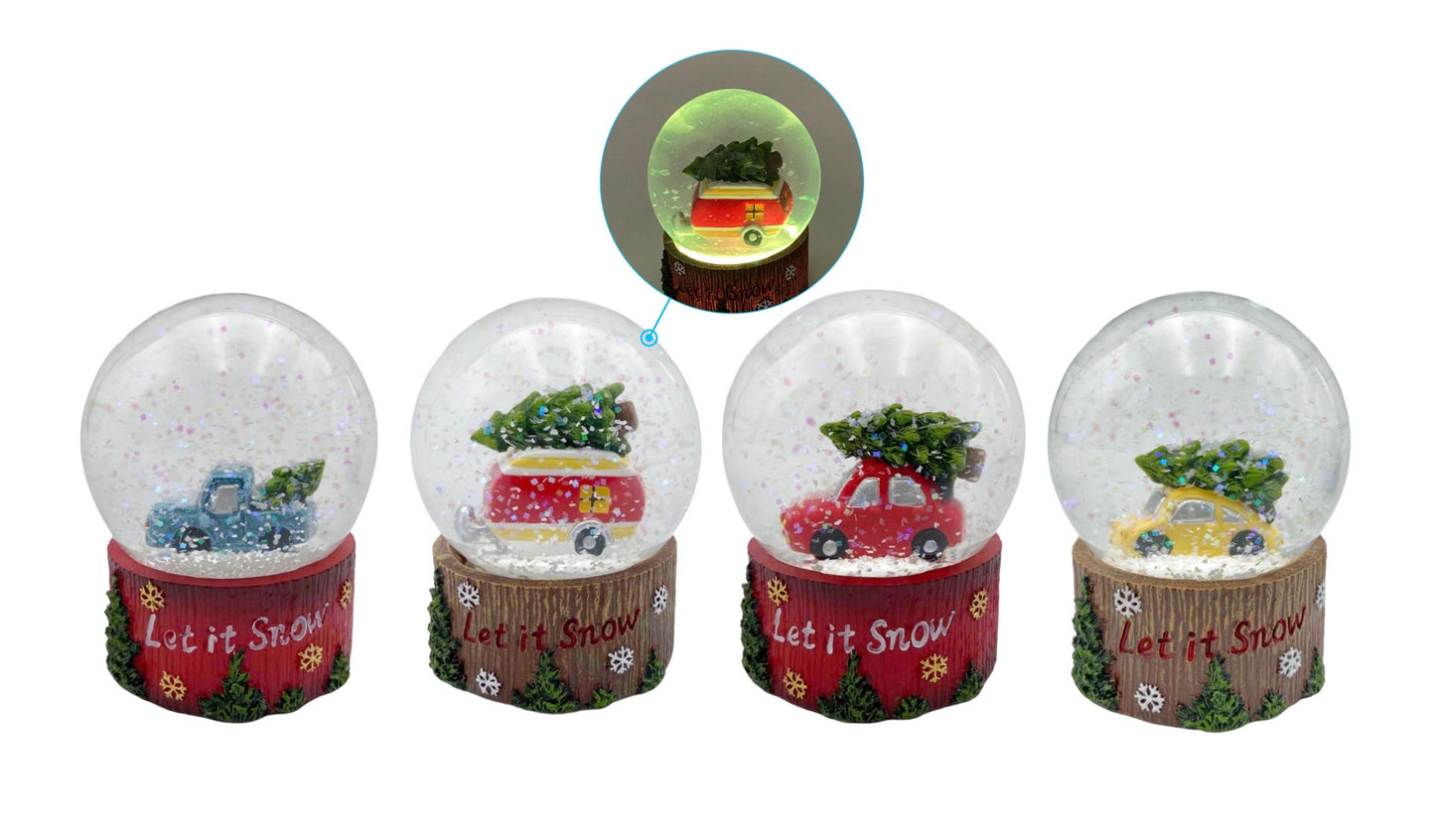 XMAS VEHICLE SNOW GLOBE W/LED LIGHT 6.5x6.5x8.5cm MED 4 ASST .XMS31171