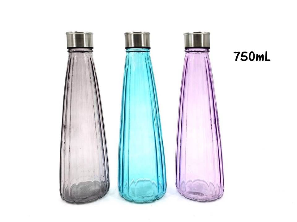 GLASS 750mls COLOURED WATER BOTTLE 3 ASST COLS. GLA28377