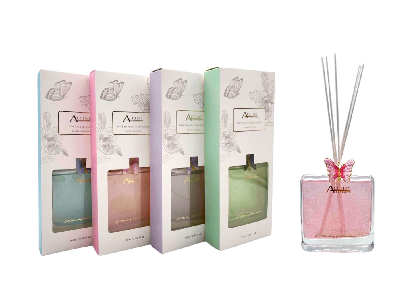 GLITTER FLOW DIFFUSER W BUTTERFLY EMBELLISHMENT 100ML 4 ASST. INC30594
