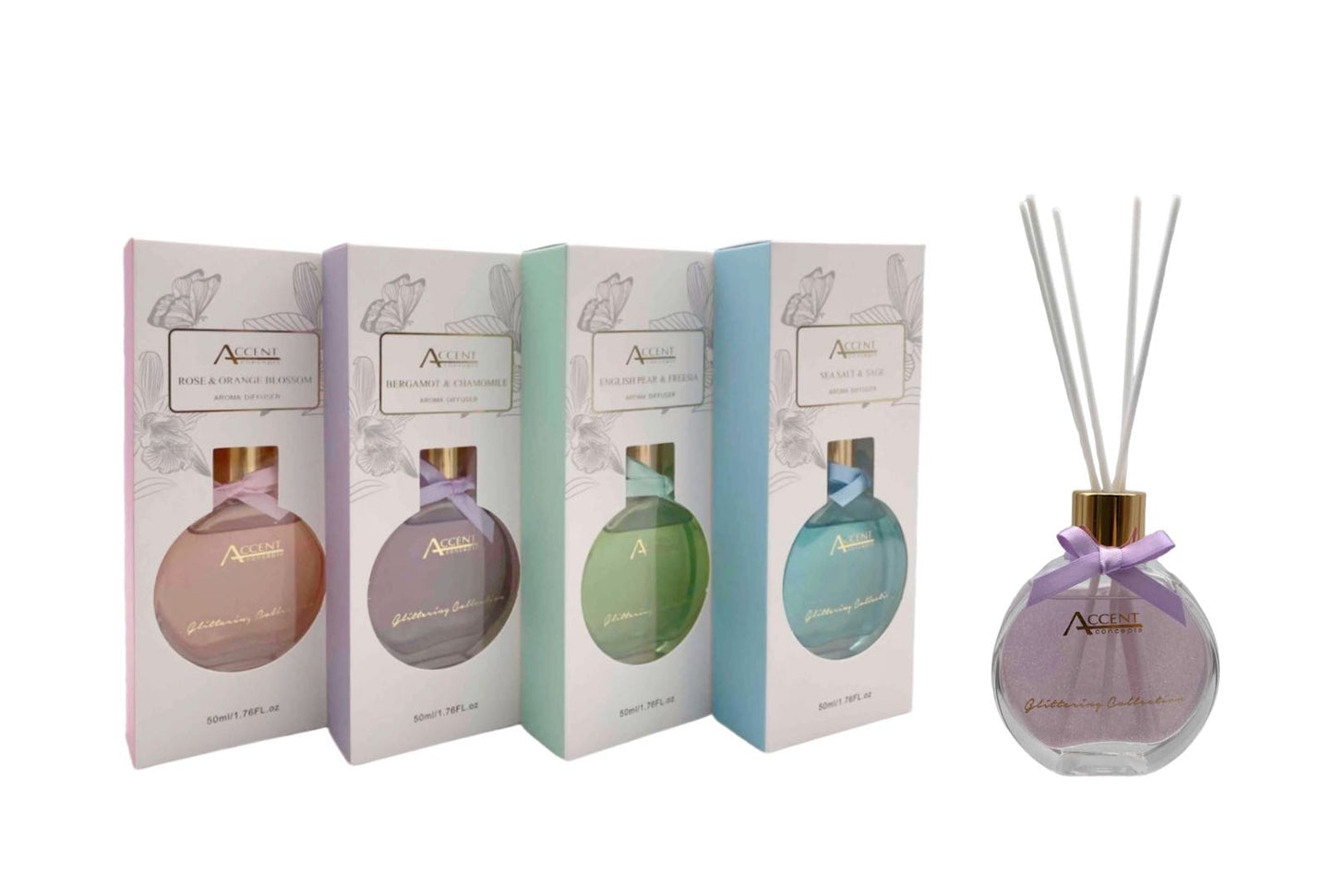 GLITTER FLOW DIFFUSER W BOW 50ML 4 ASST. INC30593