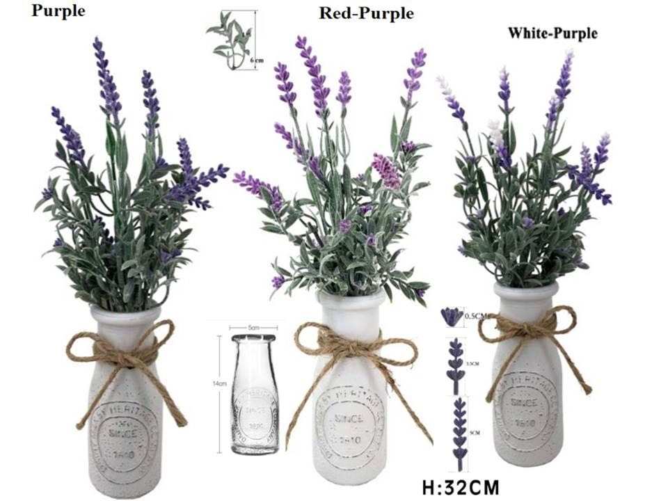 ARTIFICIAL LAVENDER IN GLASS VASE 32CM 3 ASST. AFL30231