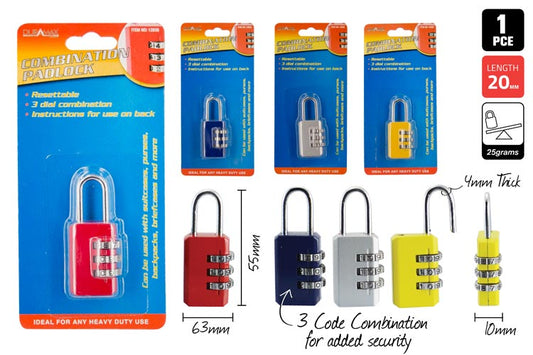 1pce Combination Padlock-3 Code-4 Col 12835