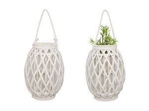 32CM WHITE WICKER PLANT HOLDER WITH GLASS HOLDER. WICWHIM
