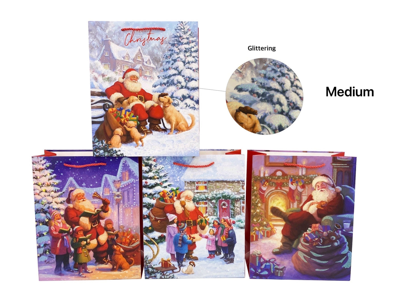 TRADITIONAL SANTA XMAS BAG MED 190gsm14.2 x11.2 x6.5cm 4 ASST. XMS31419