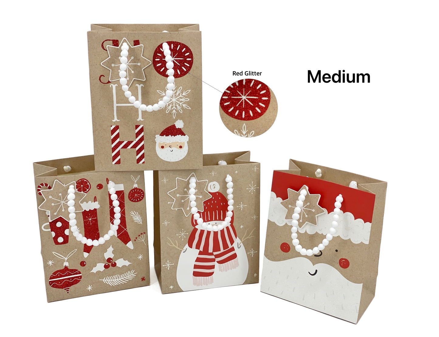 XMAS GLITTER KRAFT LOOK BAG MED 210gsm 18x23x10cm 4 ASST. XMS31445