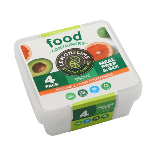 REUSABLE FOOD CONTAINERS 4PK SQUARE 950ML PDQ.79133