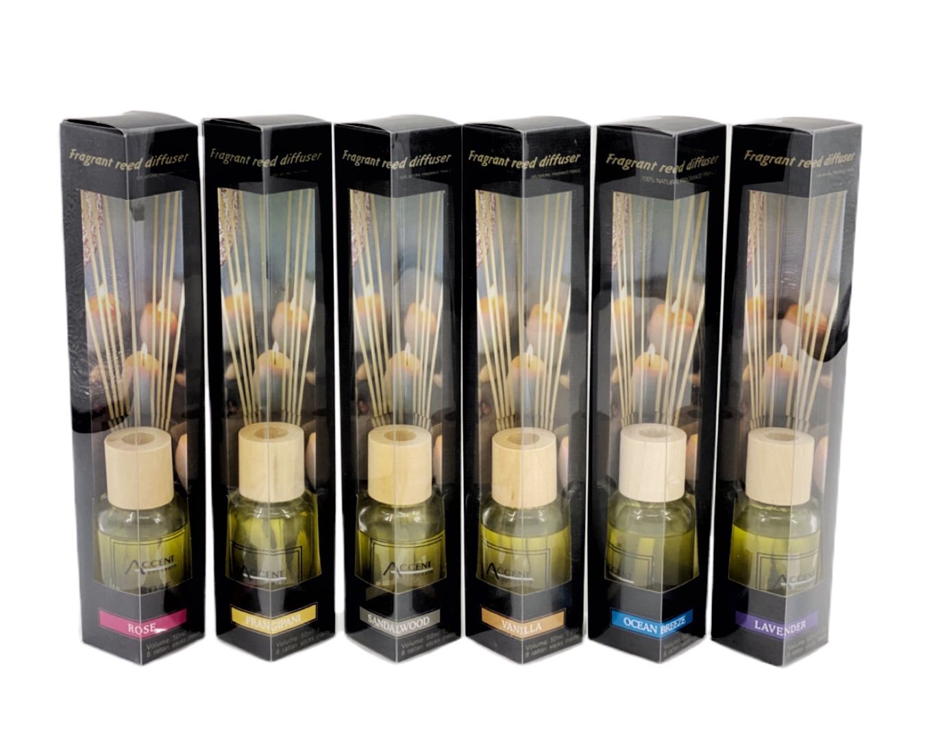 50ml FRAGRANT OIL DIFFUSER 8 RATTAN STICKS ASST FRAGRANCE. INC4229