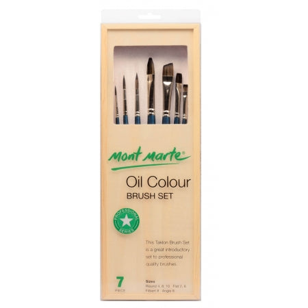 MM Oil Brush Set Taklon in wood Brush Box 7pc  BMHS0004